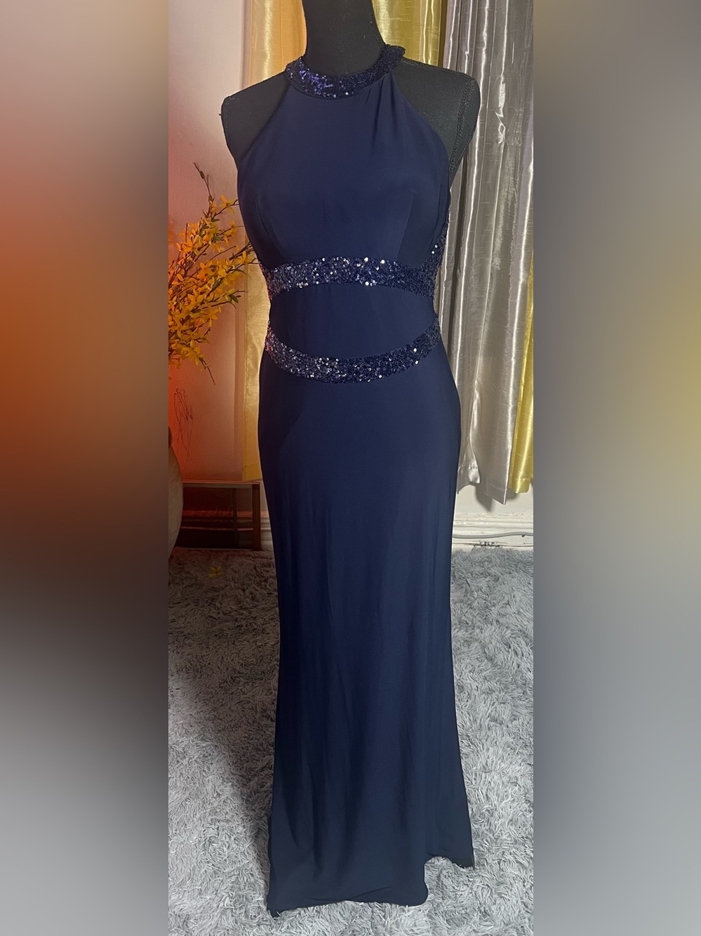 Macy's Navy Sequin Band Evening Gown